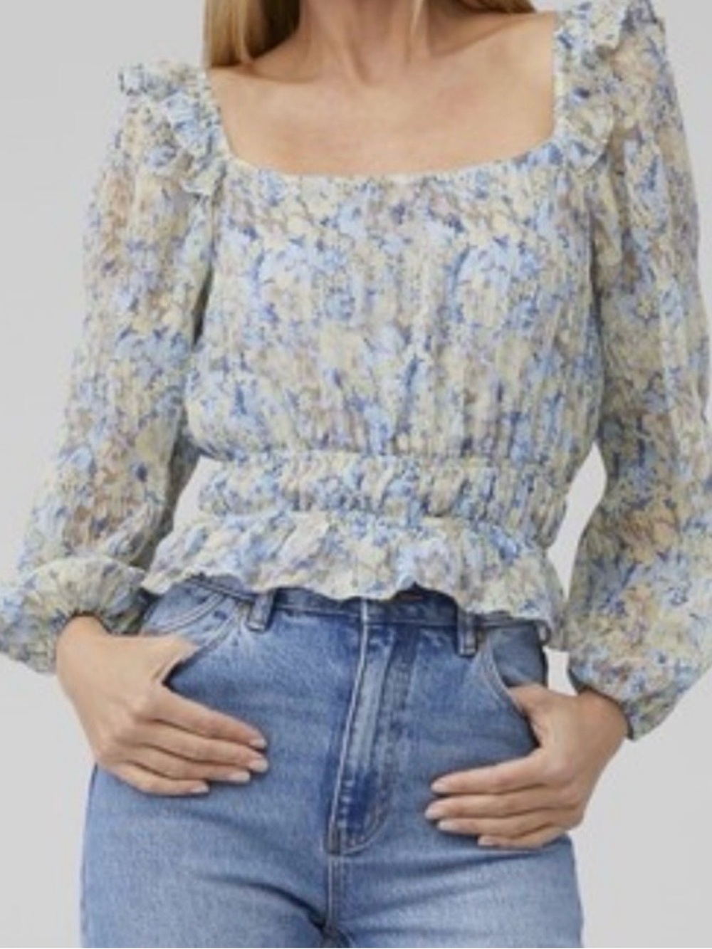 Astr Floral Square-Neck Smocked Peplum Blouse - Light Blue & Cream